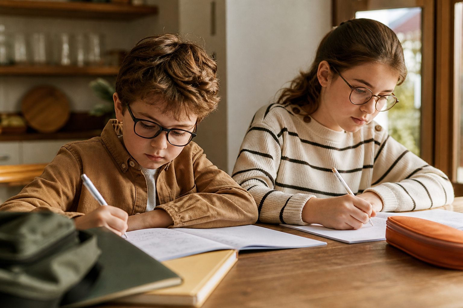 Twee kinderen met bril maken huiswerk aan een houten tafel.